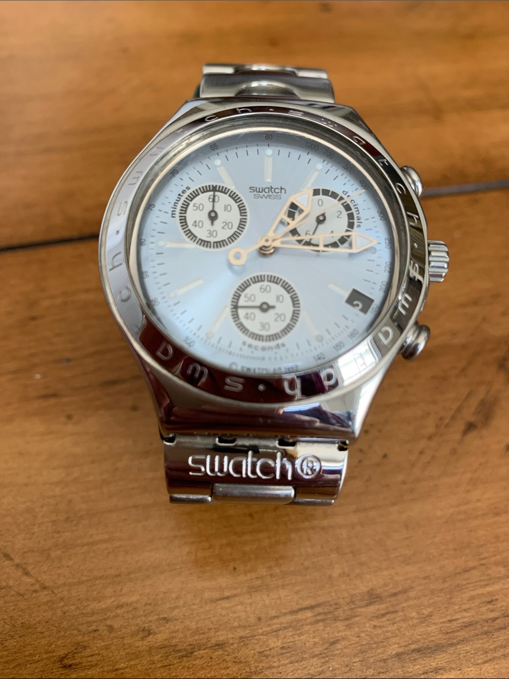 Swatch Men's Silver and White Stainless Steel Chronograph Watch